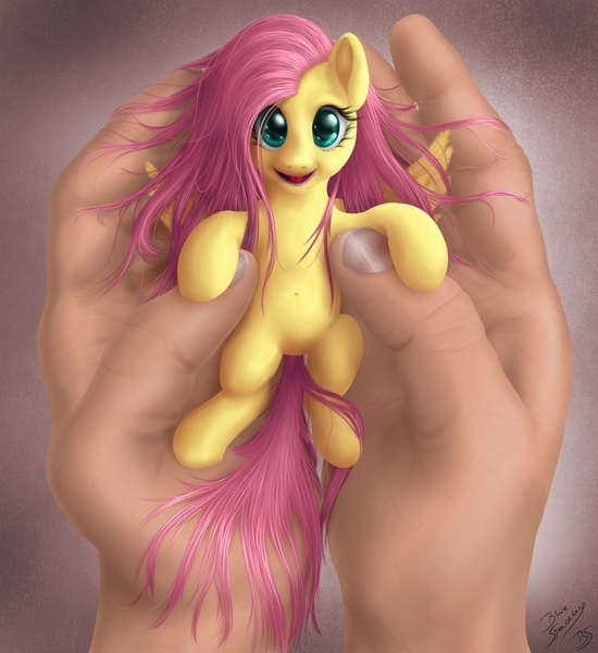 Size: 1375x1500 | Tagged: safe, artist:bluespaceling, derpibooru import, fluttershy, human, pony, cute, hand, happy, holding a pony, in goliath's palm, looking at you, micro, shyabetes, tiny, tiny ponies