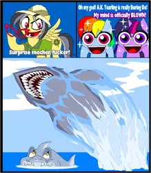 Size: 782x894 | Tagged: a.k. yearling, artist:terry, comic, daring do, daring don't, dead source, derpibooru import, drama, jumping the shark, rainbow dash, safe, shark, take that, twilight sparkle, vulgar