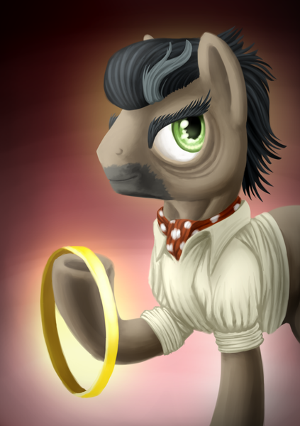 Size: 1229x1742 | Tagged: safe, artist:wolframclaws, derpibooru import, doctor caballeron, earth pony, pony, daring don't, gradient background, jewelry, male, ring, rings of scorchero, solo, stallion