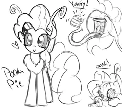 Size: 1250x1100 | Tagged: safe, artist:wuzzlefluff, derpibooru import, pinkie pie, moth, mothpony, original species, cupcake, eating, female, flashlight (object), food, monochrome, moth pony general, simple background, sketch, sketch dump, species swap, tentacle tongue, tentacles, tongue out, torch, white background