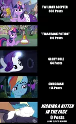 Size: 812x1324 | Tagged: safe, derpibooru import, mitsy, rainbow dash, rarity, twilight sparkle, twilight sparkle (alicorn), alicorn, pony, castle mane-ia, daring don't, princess twilight sparkle (episode), season 4, faic, female, flashback potion, glory hole, kicking a kitten in the face, kitten, mare, scepter, smug, smugdash, tempting fate, twilight scepter