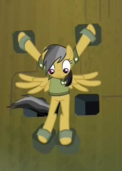 Size: 458x639 | Tagged: bondage, daring do, daring don't, deathtrap, derpibooru import, fortress of talacon, looking down, safe, solo, spread eagle