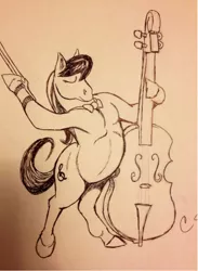 Size: 750x1025 | Tagged: safe, artist:chrissawyer, derpibooru import, octavia melody, earth pony, semi-anthro, bow (instrument), bowtie, cello, eyes closed, female, furry, hoers, mare, monochrome, musical instrument, sketch, solo