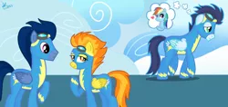 Size: 1024x482 | Tagged: safe, artist:ojos-color-bosque, derpibooru import, rainbow dash, soarin', spitfire, wave chill, female, male, sad, shipping, soarindash, straight, wonderbolts