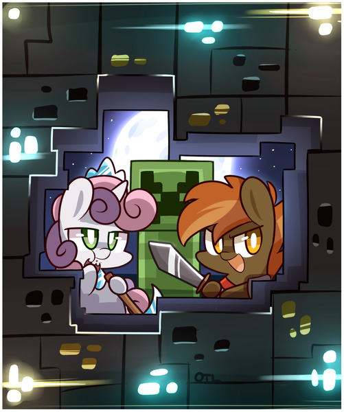 Size: 1015x1215 | Tagged: artist:lifeloser, button mash, cookie, creeper, derpibooru import, don't mine at night, eating, food, minecraft, pickaxe, safe, sweetie belle, sword, weapon