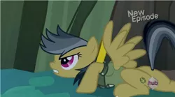 Size: 854x474 | Tagged: safe, derpibooru import, daring do, pegasus, pony, daring don't, season 4, caption, clothes, female, hub logo, mare, rings of scorchero, solo