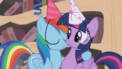 Size: 1920x1080 | Tagged: safe, derpibooru import, screencap, rainbow dash, twilight sparkle, twilight sparkle (alicorn), alicorn, pony, daring don't, eyes closed, female, frown, hat, hug, mare, national random holiday party day, out of context, party, party hat, smiling