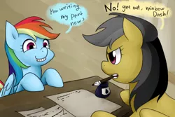 Size: 600x400 | Tagged: artist:norang94, daring do, daring don't, derpibooru import, dialogue, ink, mouth drawing, mouth hold, pen, rainbow dash, safe, writing