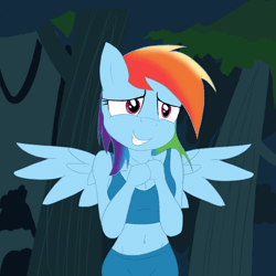 Size: 600x600 | Tagged: animated, anthro, artist:tunderi, belly button, breasts, cleavage, clothes, daring don't, derpibooru import, fangirl, female, midriff, rainbow dash, safe, scene interpretation, solo, sports bra, spread wings, wings