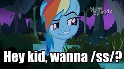 Size: 415x233 | Tagged: caption, daring don't, derpibooru import, faic, female, hub logo, image macro, male, meme, rainbow dash, shipping, smug, smugdash, solo, straight, straight shota, suggestive, text