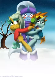 Size: 1000x1400 | Tagged: artist:datponypl, bipedal, blushing, clinging, clothes, derpibooru import, earmuffs, hat, hug, safe, scarf, snails, snips, snow, sweater, tree, trio, trixie, trixie's fans, winter, winter clothes, winter outfit