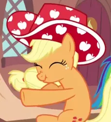 Size: 415x453 | Tagged: apple hat, applejack, daring don't, derpibooru import, hat, national random holiday party day, party stetson, safe, scrunchy face
