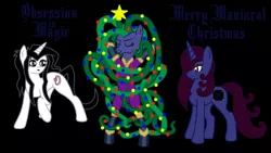Size: 1024x576 | Tagged: artist:thelordofdust, banner, christmas, christmas tree, derpibooru import, hearth's warming, holiday, mane-iac, obsession is magic, oc, oc:maneia, oc:nocturna, power ponies oc, safe, tree