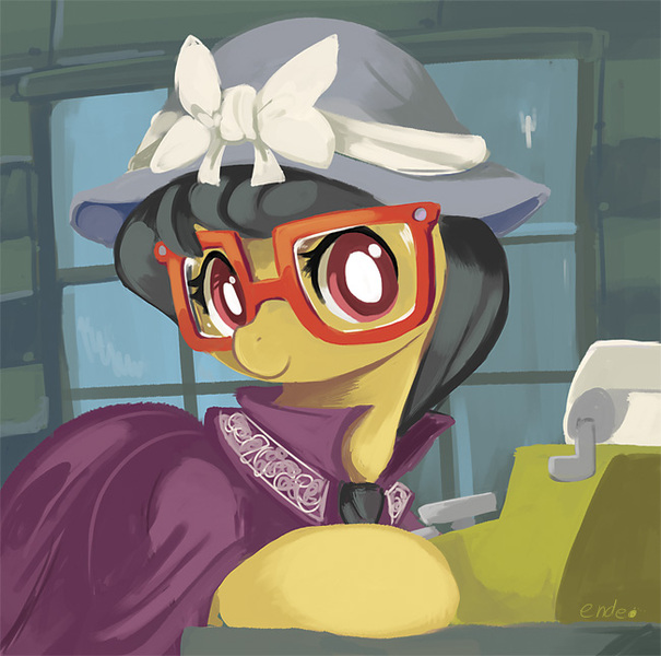 Size: 650x645 | Tagged: a.k. yearling, artist:ende26, bonnet, clothes, cute, daring do, daring don't, daring dorable, derpibooru import, disguise, glasses, hat, looking at you, ribbon, safe, smiling, typewriter, window