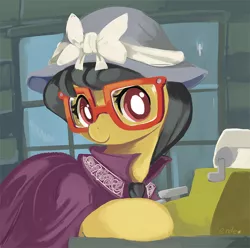 Size: 650x645 | Tagged: a.k. yearling, artist:ende26, bonnet, clothes, cute, daring do, daring don't, daring dorable, derpibooru import, disguise, glasses, hat, looking at you, ribbon, safe, smiling, typewriter, window