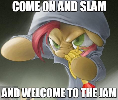 Size: 475x401 | Tagged: babs seed, babs the rapper, caption, come on and slam, derpibooru import, exploitable meme, image macro, meme, quad city dj's, safe, scepter, solo, space jam, text, twilight scepter, welcome to the jam