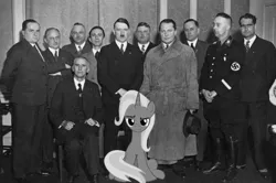 Size: 598x398 | Tagged: safe, deleted from derpibooru, derpibooru import, trixie, human, pony, adolf hitler, black and white, grayscale, group photo, hans frank, heinrich himmler, hermann göring, history, irl, irl human, joseph goebbels, karl dönitz, looking at you, monochrome, nazi, photo, ponies in real life, rudolf hess, sitting, swastika