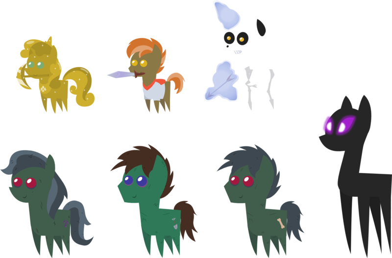 Size: 1515x998 | Tagged: safe, artist:zacatron94, derpibooru import, button mash, sweetie belle, ponified, enderman, enderpony, pony, undead, zombie, zombie pony, don't mine at night, one bad apple, arrow, bone, bow (weapon), bow and arrow, endermare, glowing eyes, glowing horn, horn, jananimations, luster dust, magic, minecraft, mouth hold, pack, pickaxe, pointy ponies, simple background, skeleton, sweetie gold, sword, telekinesis, transparent background, weapon, zombie jan