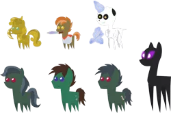 Size: 1515x998 | Tagged: safe, artist:zacatron94, derpibooru import, button mash, sweetie belle, ponified, enderman, enderpony, pony, undead, zombie, zombie pony, don't mine at night, one bad apple, arrow, bone, bow (weapon), bow and arrow, endermare, glowing eyes, glowing horn, horn, jananimations, luster dust, magic, minecraft, mouth hold, pack, pickaxe, pointy ponies, simple background, skeleton, sweetie gold, sword, telekinesis, transparent background, weapon, zombie jan