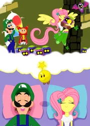 Size: 1024x1427 | Tagged: safe, artist:bbbhuey, derpibooru import, fluttershy, equestria girls, antasma, crossover, crossover shipping, dream bubble, female, hug, luigi, luigishy, male, mario & luigi, mario & luigi: dream team, ponied up, prince dreambert, shipping, starlow, straight, super mario bros., wings