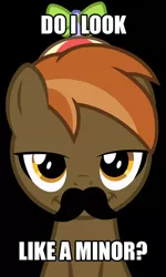 Size: 360x600 | Tagged: safe, derpibooru import, button mash, earth pony, pony, black background, button 'stache, caption, colt, exploitable meme, foal, hat, image macro, looking at you, male, meme, propeller hat, simple background, smiling, solo, text