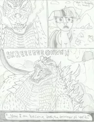 Size: 785x1017 | Tagged: safe, artist:johng117, derpibooru import, twilight sparkle, kaiju, pony, unicorn, bhagavad gita, comic, crossover, female, godzilla, godzilla (series), grayscale, mare, monochrome, pencil drawing, robert. j. oppenheimer, traditional art, unicorn twilight