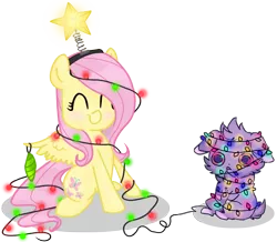 Size: 1148x1000 | Tagged: artist:jonah-yeoj, christmas, christmas lights, christmas tree, crossover, derpibooru import, edit, espurr, fluttershy, fluttertree, holiday, pokémon, safe, solo, tree