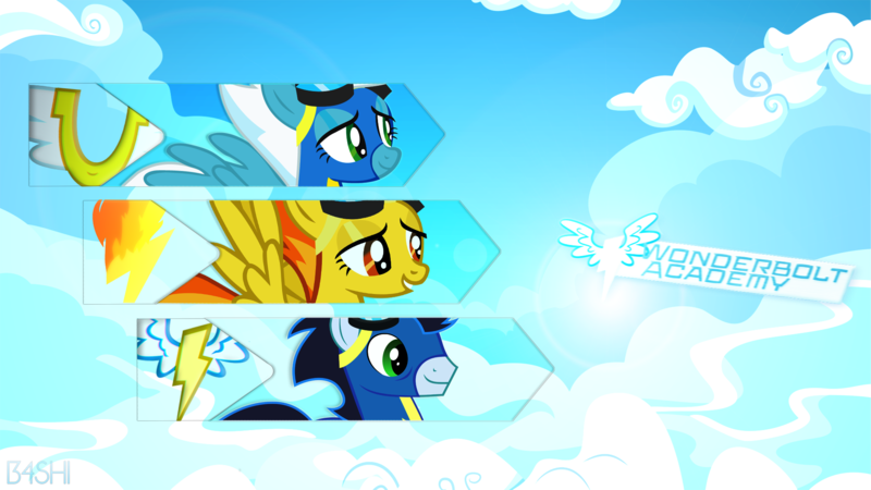 Size: 1920x1080 | Tagged: artist:rainbowb4sh, clothes, cloud, cloudy, cutie mark, derpibooru import, fleetfoot, lens flare, logo, safe, soarin', spitfire, uniform, vector, wallpaper, wonderbolts, wonderbolts academy, wonderbolts uniform