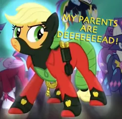 Size: 670x655 | Tagged: applejack, batman, batmare, derpibooru import, mistress marevelous, my parents are dead, power ponies, power ponies (episode), safe