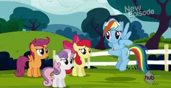 Size: 1366x698 | Tagged: all new, apple bloom, awkward, cutie mark crusaders, derpibooru import, flight to the finish, hub logo, it's a trap, rainbow dash, safe, scootaloo, screencap, sweetie belle, text