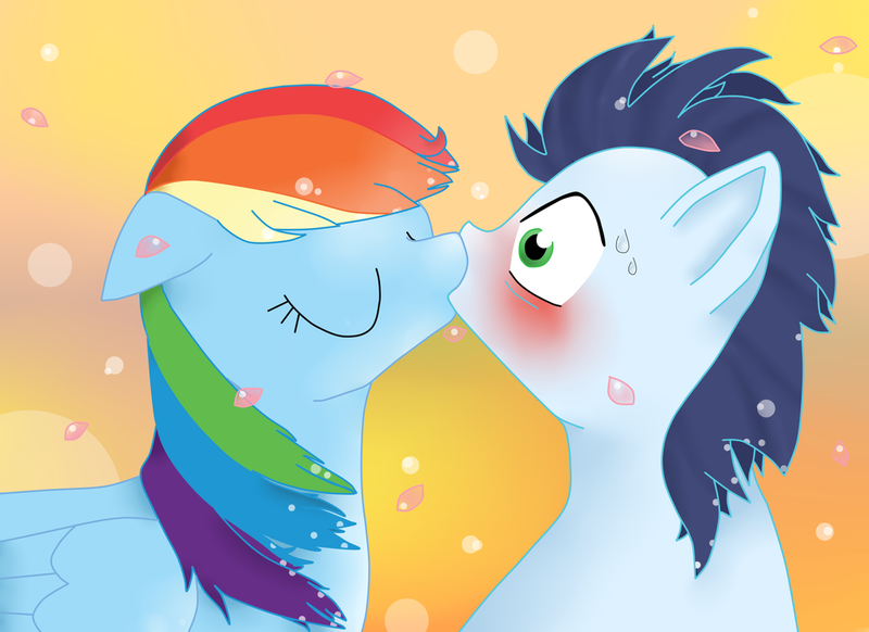 Size: 1024x745 | Tagged: safe, artist:aitanaru, derpibooru import, rainbow dash, soarin', blushing, female, kissing, male, shipping, soarindash, straight