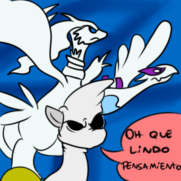 Size: 1280x1280 | Tagged: artist:benja, ask-ask-the-ponies, crossover, derpibooru import, kluxy, lugia, oc, pokémon, reshiram, safe, spanish