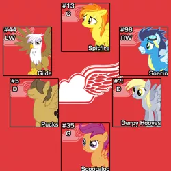 Size: 500x500 | Tagged: safe, artist:doctorxfizzle, derpibooru import, derpy hooves, gilda, hoops, scootaloo, soarin', spitfire, gryphon, pegasus, pony, detroit red wings, female, hockey, ice hockey, mare, nhl, sports