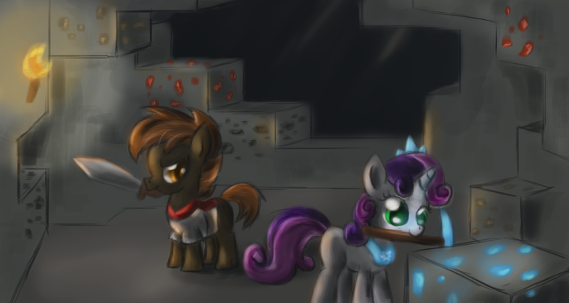 Size: 2700x1440 | Tagged: safe, artist:ardail, derpibooru import, button mash, sweetie belle, earth pony, pony, unicorn, don't mine at night, cave, coal, colt, diamond, diamond ore, diamond pickaxe, female, filly, foal, gold, jewelry, male, minecraft, mining, mouth hold, pickaxe, redstone, sword, tiara, torch, underground, weapon