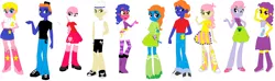 Size: 1600x472 | Tagged: safe, artist:suzukipot, derpibooru import, ace, bon bon (g1), bright eyes, clover (g1), lancer, melody, patch (g1), starlight (g1), sweetheart, teddy, human, equestria girls, my little pony tales, colored skin, eqg promo pose set, equestria girls-ified, g1, g1 to equestria girls, generation leap, humanized