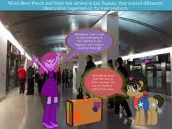 Size: 600x450 | Tagged: safe, artist:j4lambert, artist:jerick, derpibooru import, berry punch, berryshine, pony, equestria girls, airport, casino, drunk, food, go home you're drunk, las pegasus, railroad, silver star, subway, train, tram