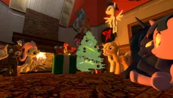 Size: 1024x576 | Tagged: safe, artist:juu50x, derpibooru import, apple bloom, button mash, fluttershy, pinkie pie, princess luna, rainbow dash, scootaloo, soarin', sweetie belle, twilight sparkle, 3d, christmas, christmas tree, fireplace, gmod, hearth's warming eve, holiday, present, tree