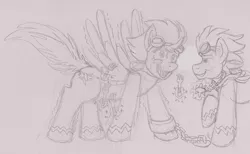 Size: 843x519 | Tagged: artist:caroo, chains, derpibooru import, fork, jewelry, magic, monochrome, pendant, safe, shackle, soarin', spitfire, telekinesis, tickle torture, tickling, traditional art