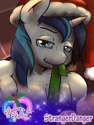 Size: 600x800 | Tagged: anthro, artist:strangerdanger, bare chest, bedroom eyes, christmas, clothes, derpibooru import, hat, holiday, hooves & holly, male, mouth hold, partial nudity, santa hat, sexy armor, shining armor, solo, solo male, suggestive, topless