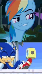 Size: 640x1122 | Tagged: crossover, daring don't, derpibooru import, dreamworks face, exploitable meme, faic, meme, obligatory pony, rainbow dash, safe, smiling, smirk, smug, smugdash, sonic the hedgehog, sonic the hedgehog (series), sonic x, tv meme