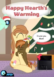 Size: 2432x3440 | Tagged: artist:az-derped-unicorn, button mash, christmas, christmas tree, derpibooru import, hat, hearth's warming, holiday, oc, oc:cream heart, parasprite, playstation 4, safe, santa hat, tree