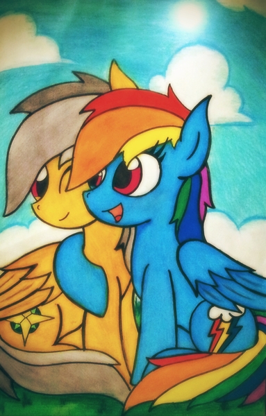 Size: 1810x2832 | Tagged: artist:canvymamamoo, daring do, daring don't, derpibooru import, hug, rainbow dash, safe, traditional art