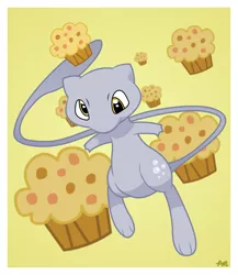 Size: 2917x3355 | Tagged: artist:mythogamer, derpibooru import, derpy hooves, female, food, mew, muffin, pokefied, pokémon, safe, simple background, solo, species swap, yellow background