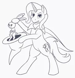 Size: 995x1024 | Tagged: safe, artist:tlatophat, derpibooru import, angel bunny, trixie, pony, bipedal, cape, clothes, hat, monochrome, trixie's cape, trixie's hat