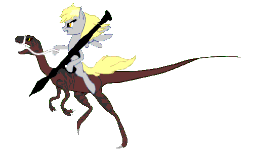 Size: 500x300 | Tagged: safe, artist:teschke, derpibooru import, derpy hooves, dinosaur, pegasus, pony, velociraptor, animated, awesome, badass, epic derpy, female, mare, ponies riding dinosaurs, riding, rpg, rpg (weapon), solo