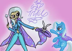 Size: 1280x914 | Tagged: safe, artist:monakaliza, derpibooru import, trixie, human, pony, rabbit, animal, bunny out of the hat, cape, clothes, gradient background, hat, human ponidox, humanized, light skin, magic trick, self ponidox, trixie's cape, trixie's hat