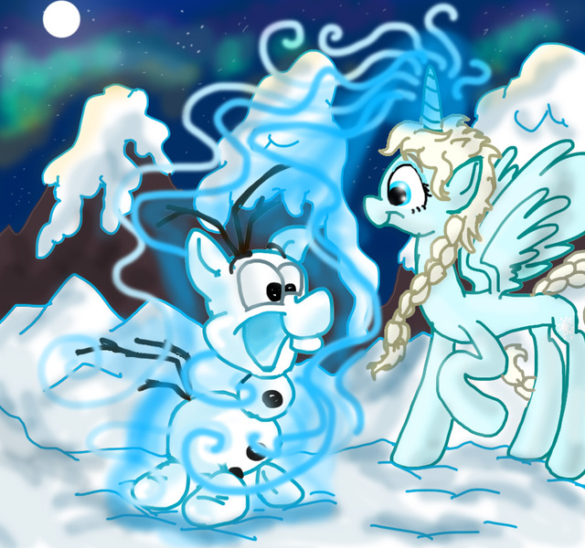 Size: 939x881 | Tagged: safe, artist:seriousdog, derpibooru import, ponified, pony, braid, disney, elsa, frozen (movie), magic, olaf, snow, snowpony