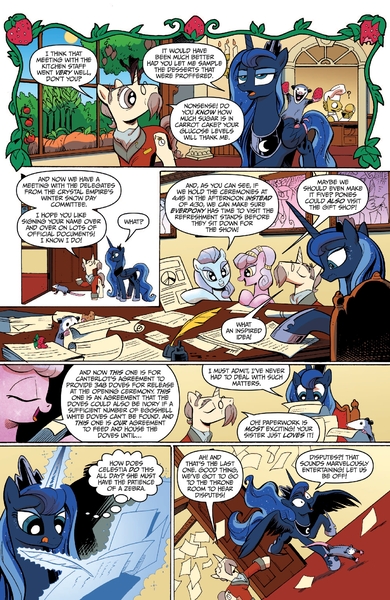 Size: 1400x2154 | Tagged: safe, derpibooru import, idw, elbow grease, kibitz, paradise (crystal pony), princess luna, sapphire joy, tiberius, crystal pony, pony, spoiler:comicm10, advertisement, comic, idw advertisement, preview