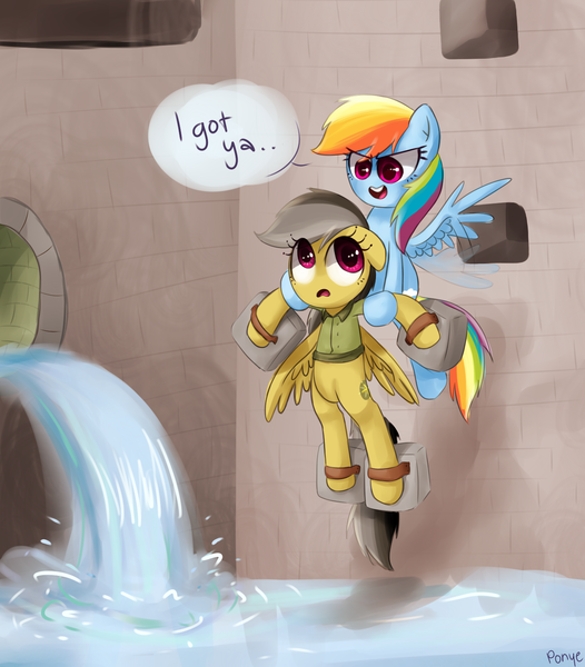 Size: 1424x1624 | Tagged: artist:cosmicponye, carrying, daring do, daring don't, derpibooru import, flying, rainbow dash, safe, scene interpretation, water