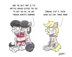 Size: 2109x1683 | Tagged: safe, artist:bobthedalek, derpibooru import, octavia melody, oc, oc:mixed melody, oc:octavia's father, oc:octavia's mother, oc:ostinato melody, earth pony, pony, backwards cutie mark, bear hug, clothes, embarrassed, hug, knitting, mothers gonna mother, sweater, traditional art